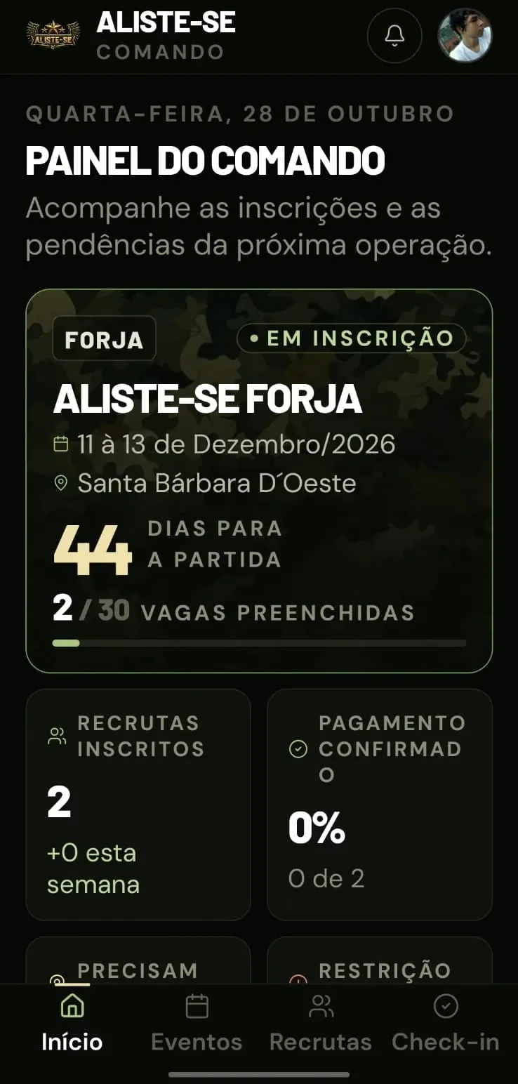 App Android do Aliste-se com o painel de inscrições