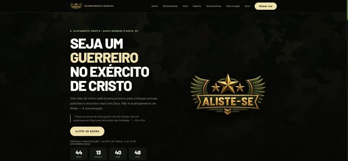 Site do Aliste-se, plataforma de inscrições de um acampamento